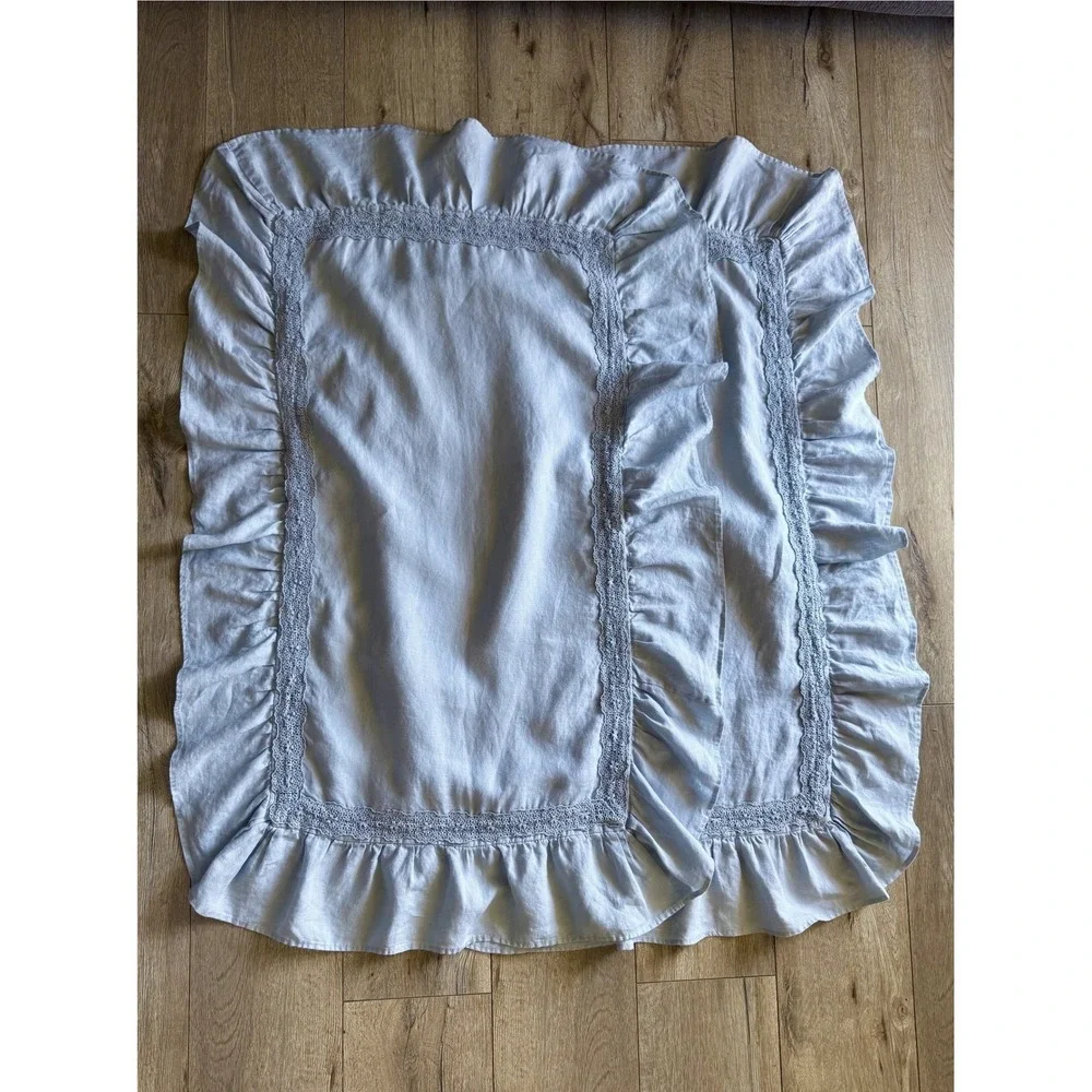 GreenRow Shabby Chic Pearl Blue Linen Ruffle Crochet Set of 2 King Pillow Cases